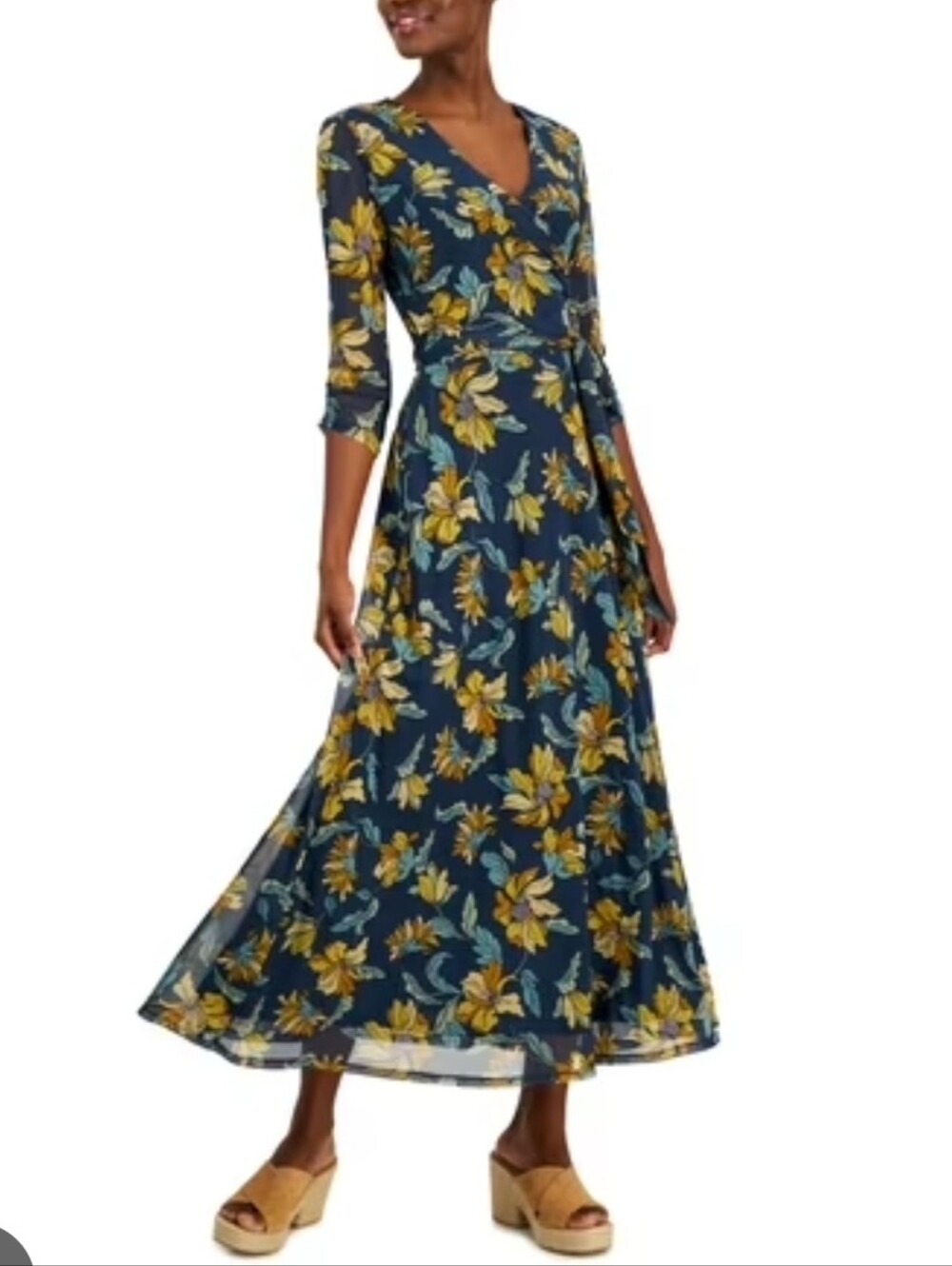 Harlow & Rose Women's Floral Wrap Maxi Dress in Navy and Mustard SZ L